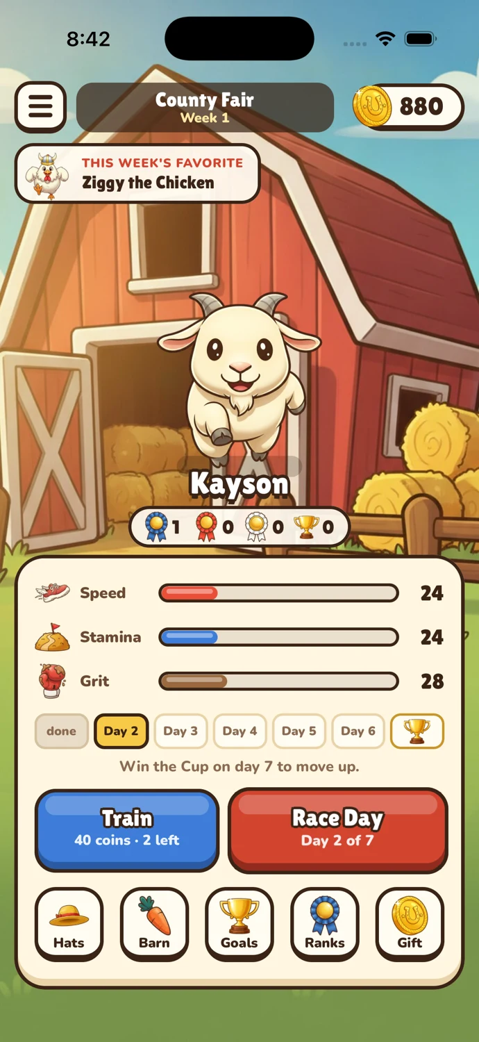 Barnyard Derby in the iPhone simulator showing a goat racer, training stats, and race day