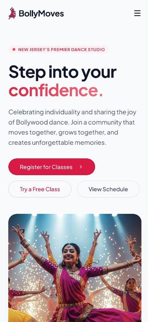 The BollyMoves site on a phone, reading Step into your confidence, with buttons to register for classes.
