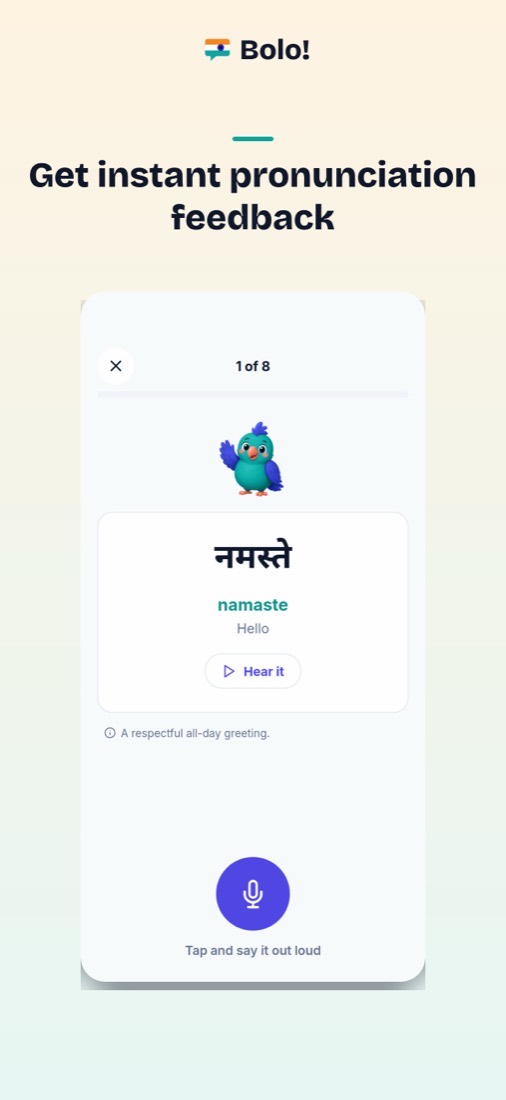 Bolo on iPhone, showing a Hindi phrase with a record button for pronunciation practice.
