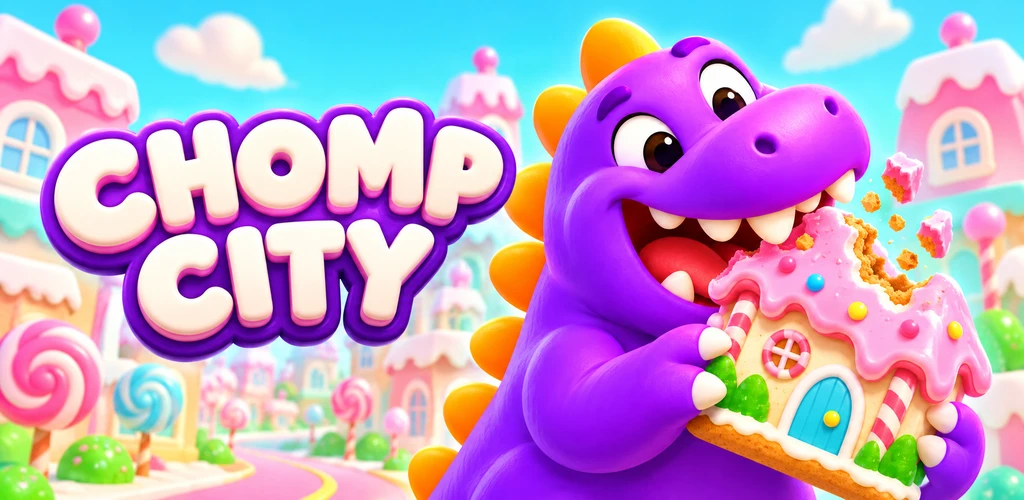 Chomp City artwork showing a purple monster chomping a pink frosted house in a candy city
