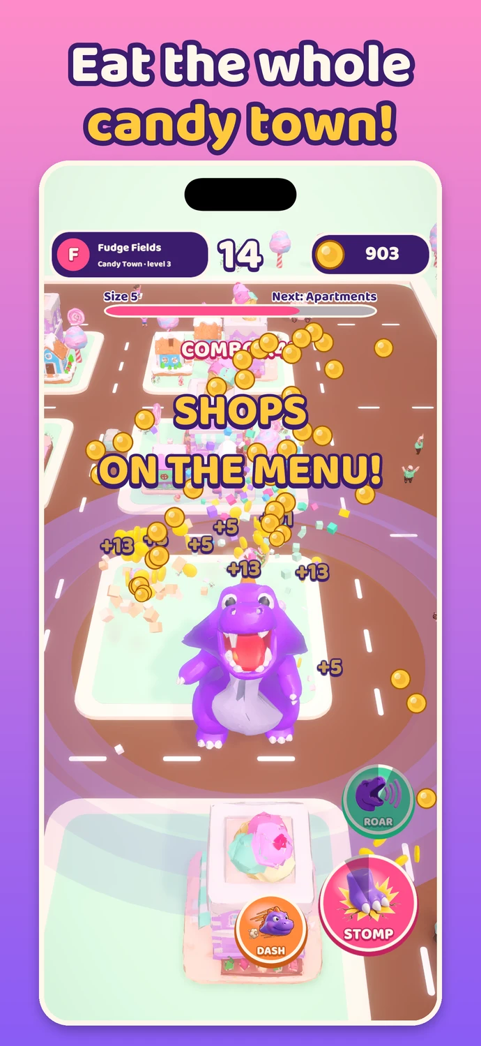 Chomp City store screenshot showing Munch eating a candy town, coins, and ROAR, STOMP, and DASH controls