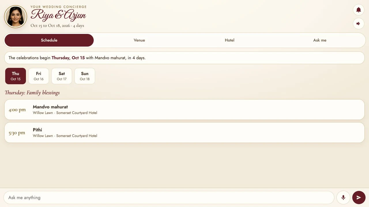 BOLO Concierge web app showing the schedule for its sample wedding