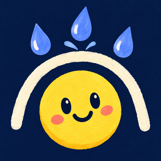 Doodle Downpour hand-painted yellow sticker under a cream shield and blue raindrops