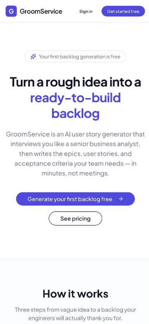 The GroomService site on a phone, reading Turn a rough idea into a ready to build backlog.