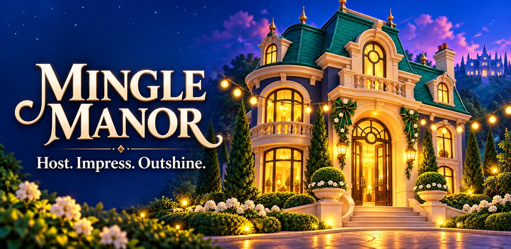Mingle Manor concept artwork showing a welcoming party-lit manor and its distant rival