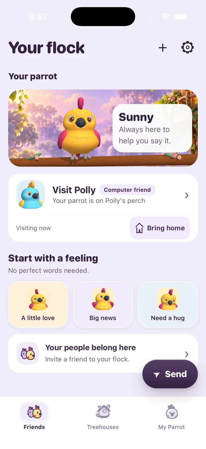 Pass the Parrot Your flock screen with Sunny, Visit Polly, and feeling starters