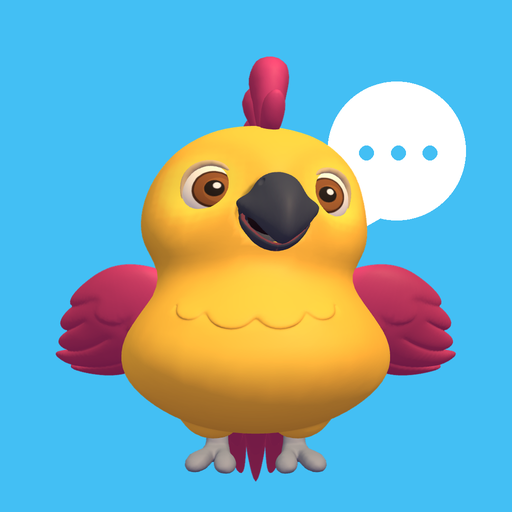 Pass the Parrot yellow bird with a speech bubble on blue