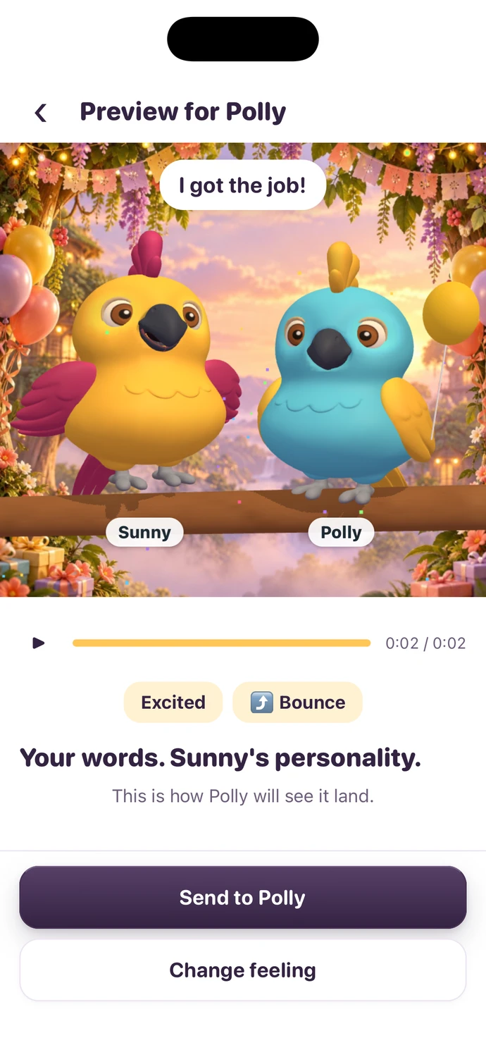 Pass the Parrot message preview with Sunny and Polly, an Excited feeling, and Bounce movement