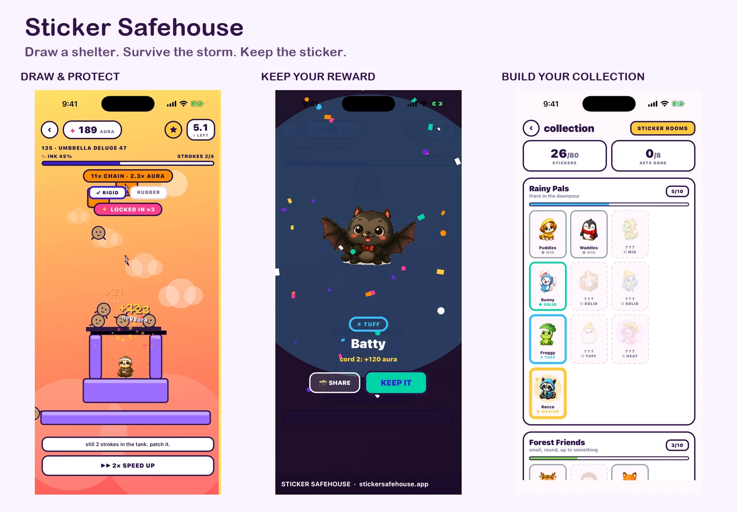 Sticker Safehouse gameplay showing a drawn shelter blocking hazards, a Batty sticker reward, and the sticker collection